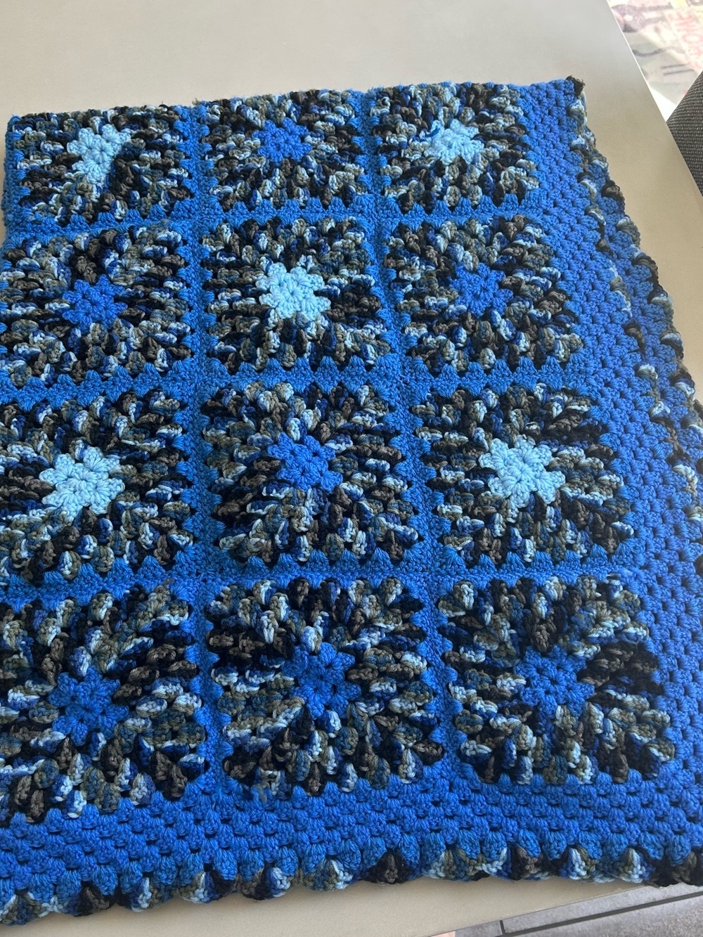 Handmade Crochet Afghan Throw in Blue and Brown Shades.  52.5”X44”